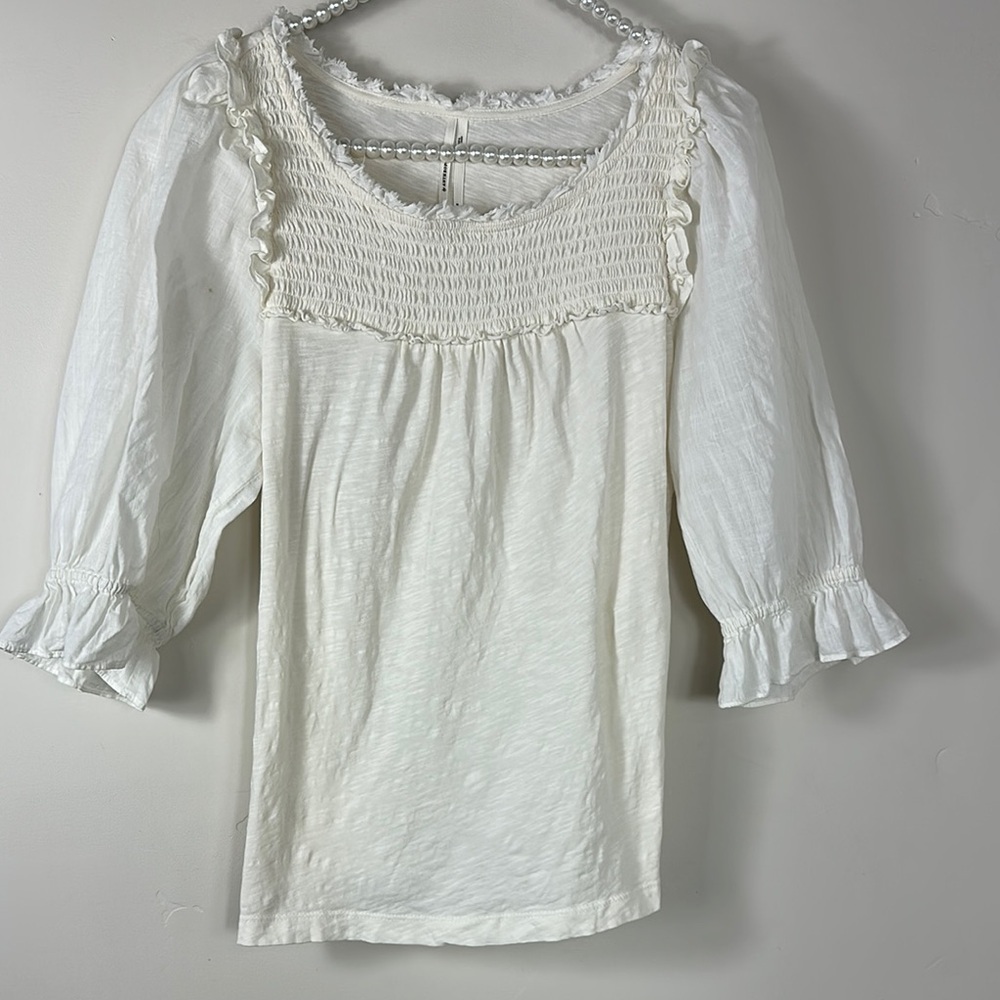Anthropologie White Smocked Ruffle Top Small - Picture 2 of 8